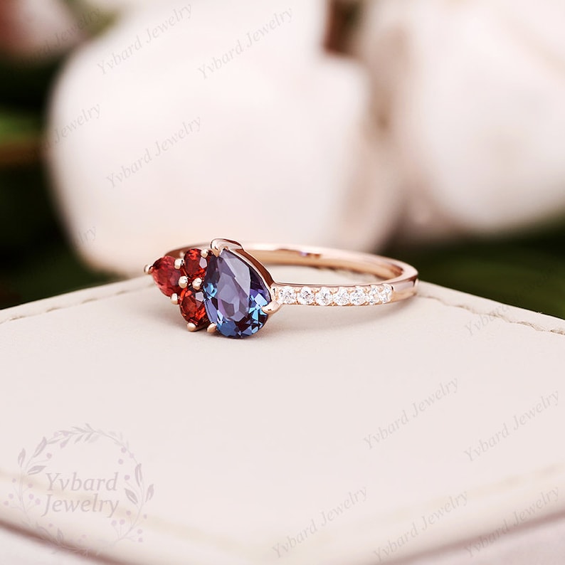 Multi Golor Gemstone Engagement Ring,Pear 5x7mm Alexandrite Ring,Garnet Promise Bridal Ring,Birthday Gift For Women,Solid Gold Cluster Ring image 4