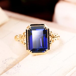 Vintage 8*11mm Emerald Cut Lab Created Blue Sapphire Ring for Women Solid Yellow Gold Engagement Ring Art Deco Bridal Ring Anniversary Gift image 8