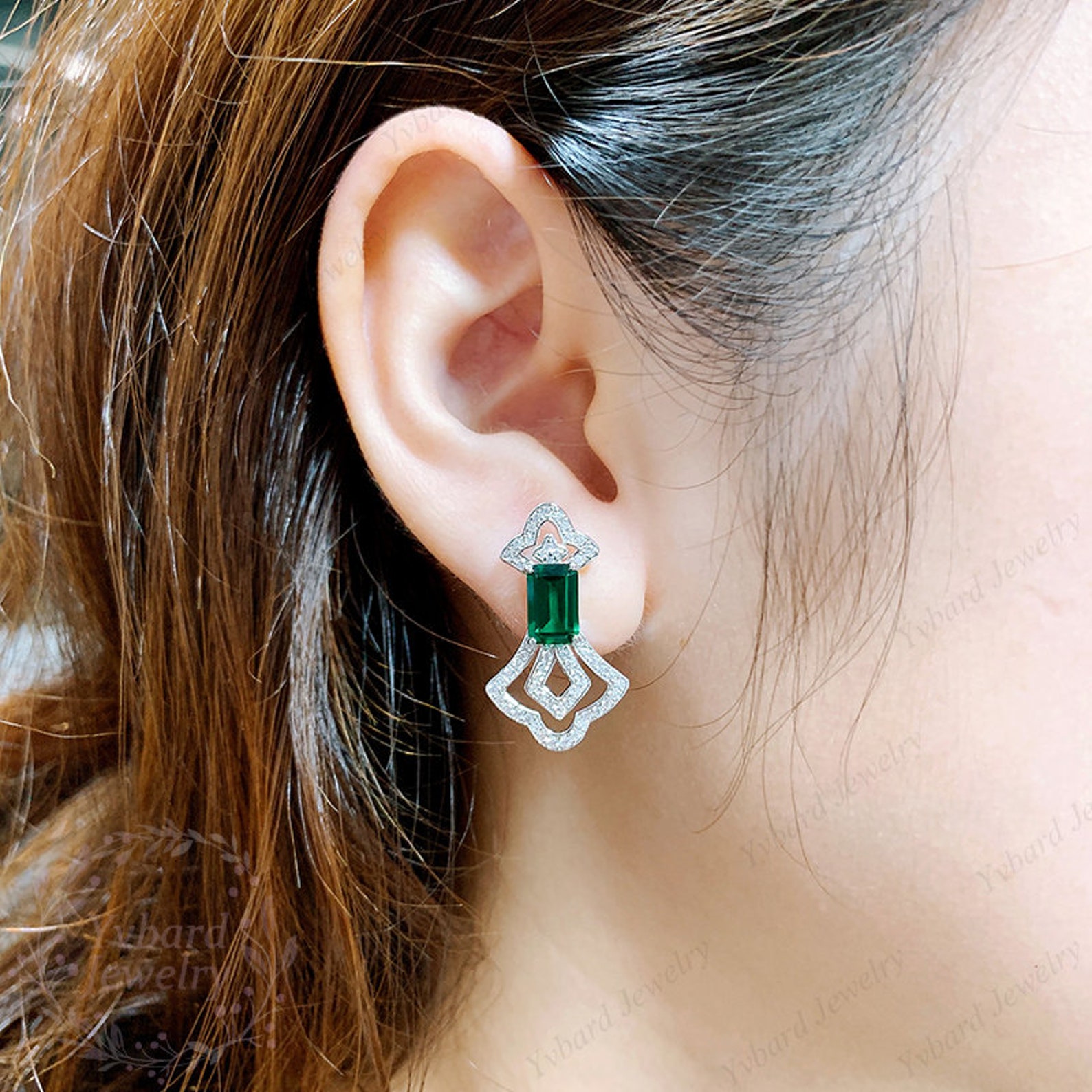 Emerald Cut Lab Created Emerald Earrings 14K Solid White Gold Etsy