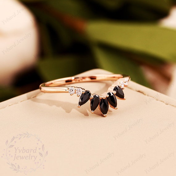 Black Onyx Curved Wedding Band Vintage 14K Rose Gold Marquise Pear
