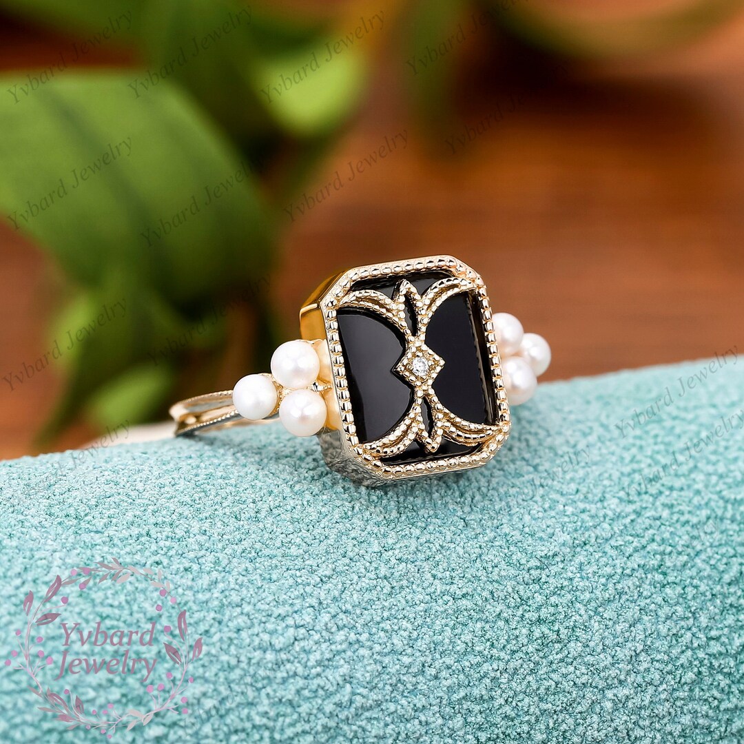 Black Onyx Engagement Ring Rose Gold Curved Wedding Band Black