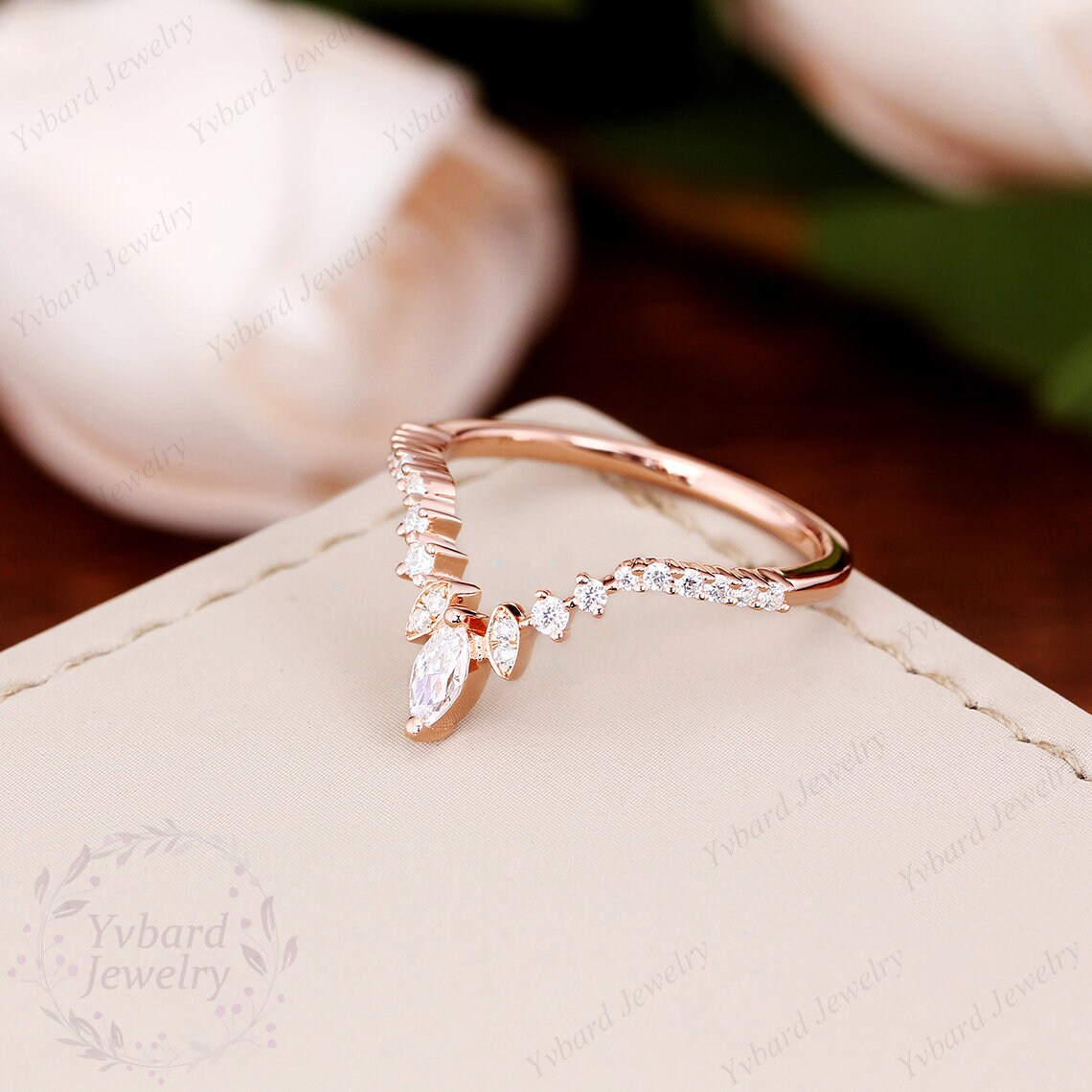 Solid Rose Gold Curved Wedding Band Unique Art Deco Ring Moissanite ...