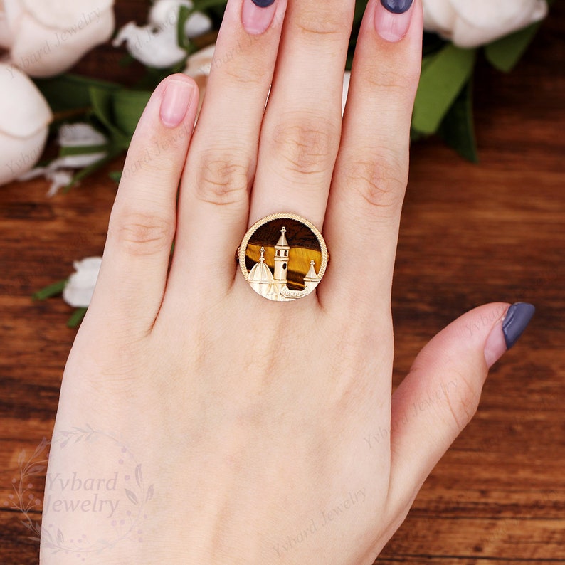 Solid Yellow Gold Engagement Ring, Blue Sandstone,White Mother of Pearl,Tiger Eye,Lapis Lazuli,Gemstone Anniversary Ring,Unique Castle Ring image 8
