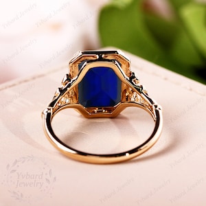 Vintage 8*11mm Emerald Cut Lab Created Blue Sapphire Ring for Women Solid Yellow Gold Engagement Ring Art Deco Bridal Ring Anniversary Gift image 5