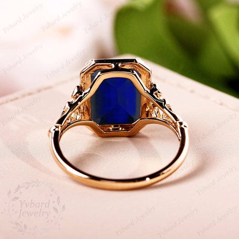 Vintage 8*11mm Emerald Cut Lab Created Blue Sapphire Ring for Women Solid Yellow Gold Engagement Ring Art Deco Bridal Ring Anniversary Gift image 5