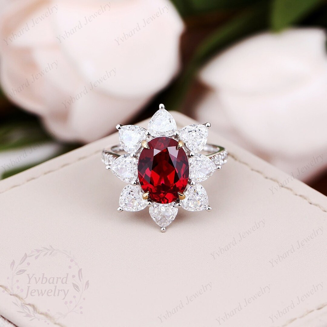 4.35CT Lab Created Ruby Engagement Ring, Heart Moissanite Halo Ring