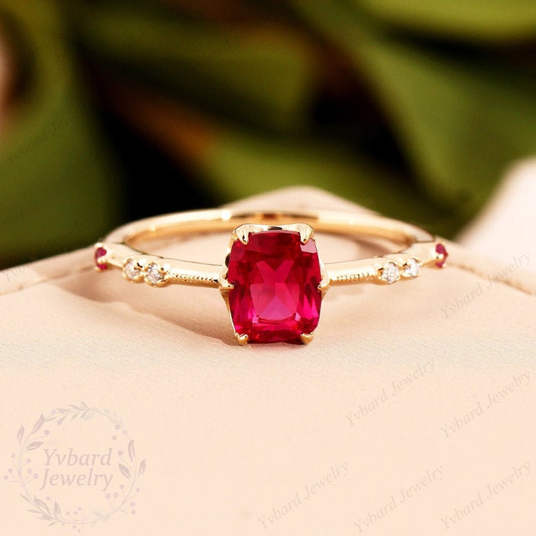 Cushion Cut Lab Created Ruby Engagement Ring 14K Yellow Gold Ring