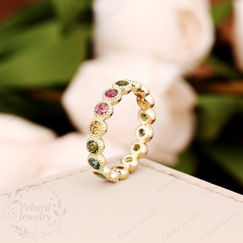 Natural Colored Tourmaline Ring, Rainbow Band Ring, Solid 14K Yellow Gold Dainty Ring, Multi Gemstone Ring, Wedding Band,Full Eternity Band