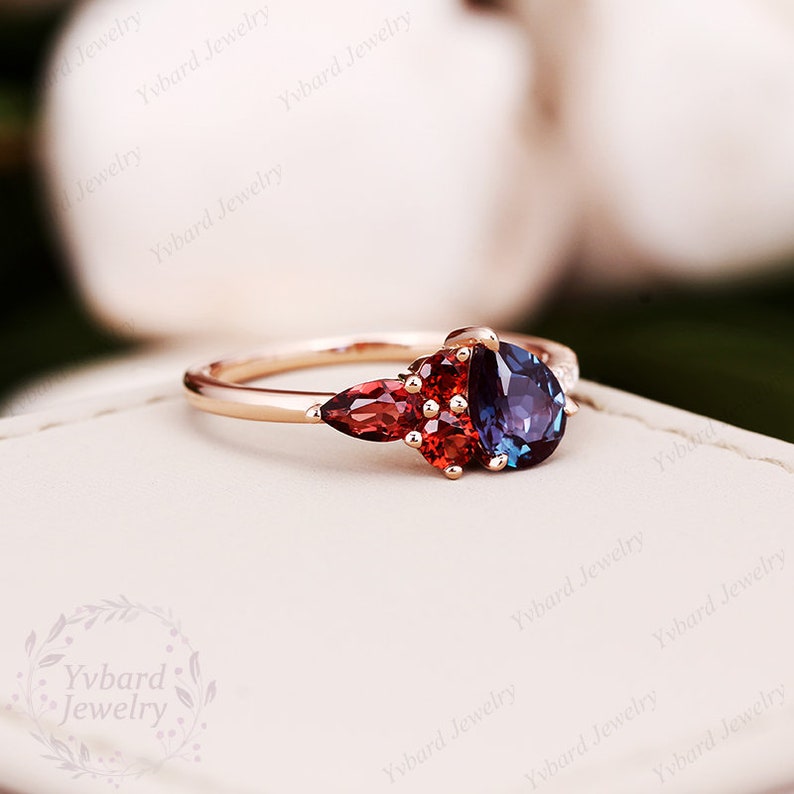 Multi Golor Gemstone Engagement Ring,Pear 5x7mm Alexandrite Ring,Garnet Promise Bridal Ring,Birthday Gift For Women,Solid Gold Cluster Ring image 3