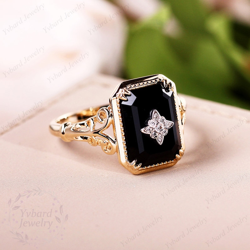 Emerald Cut Natural Black Onyx Ring Vintage Diamond Solid 18K/14K/10K Gold Art Deco Flower Ring Handmade Ring Bridal Anniversary Gift Ring image 3