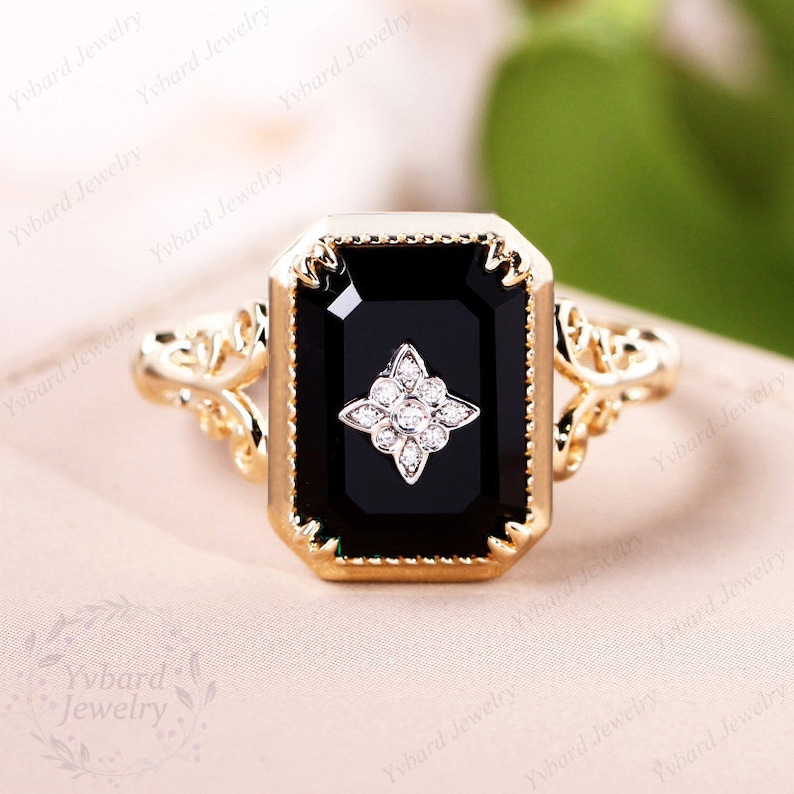 Emerald Cut Natural Black Onyx Ring Vintage Diamond Solid 18K/14K/10K Gold Art Deco Flower Ring Handmade Ring Bridal Anniversary Gift Ring image 1