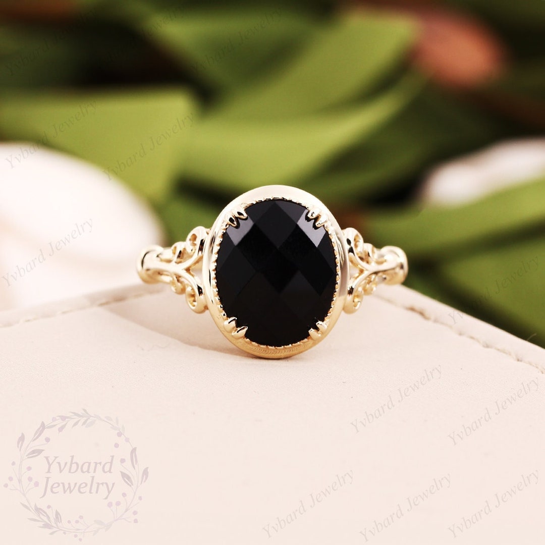 Oval Shape Rose Cut Black Onyx Engagement Ring Vintage Solitaire