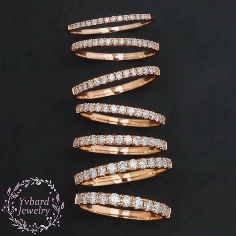 Anillo de boda de diamante genuino de oro macizo de 14k, banda de media eternidad, anillo de apilamiento de diamantes CVD, banda a juego para mujer, regalo de aniversario, anillo delicado imagen 5