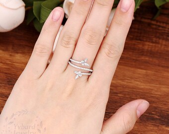 上品なバタフライリング、ソリッド 14K ホワイトゴールドリング