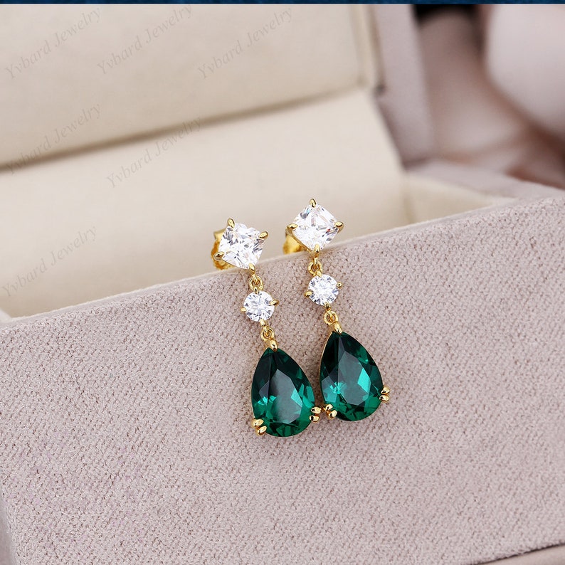 Solid 14K/18K Gold Drop Earrings, Teardrop Green Emerald Earrings Moissanite Earrings Minimalist Earrings, Bridal Jewellery Anniversary Gift image 8