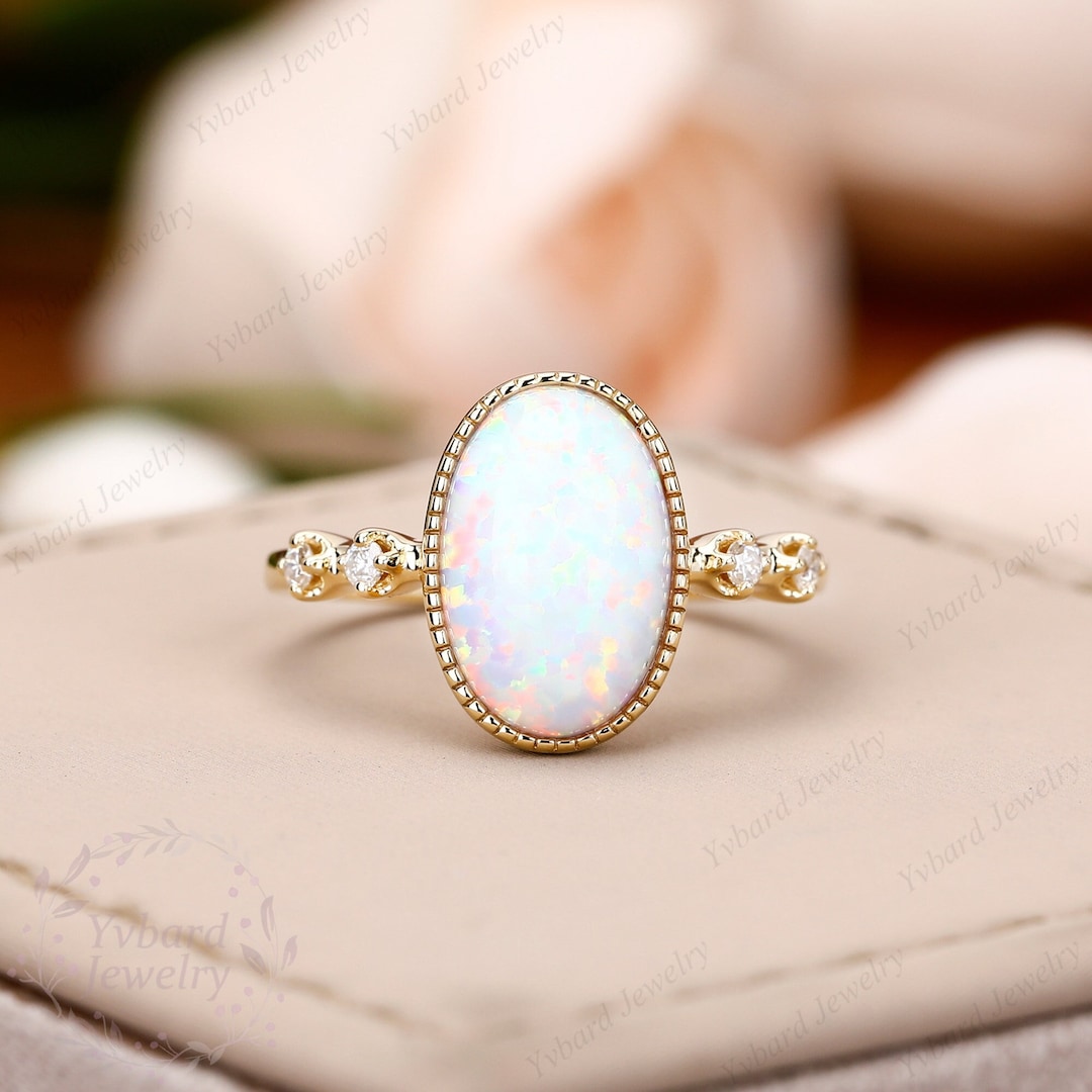 Oval Opal Engagement Ring Solid 10k/14k/ 18k Yellow Gold 8*12mm