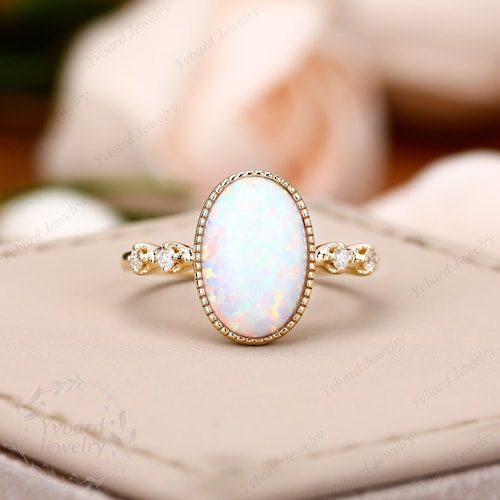 Oval Opal Engagement Ring Solid 10k/14k/ 18k Yellow Gold 8*12mm