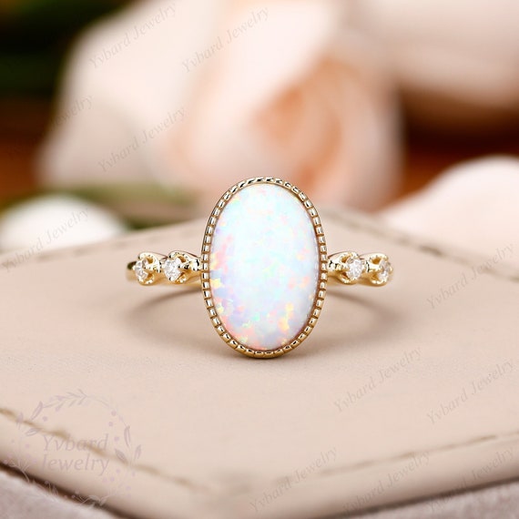 Oval Opal Engagement Ring Solid 10k 14k 18k Yellow Gold 812mm Lab