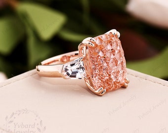 Unique Honeycomb Cut Pink Spinel Ring White Sapphire Three Stone