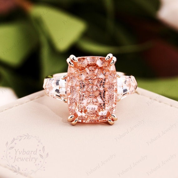 Unique Honeycomb Cut Pink Spinel Ring White Sapphire Three Stone