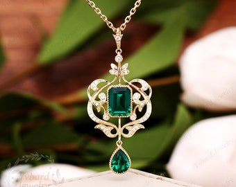 Luxury Solid 14K Gold Brilliant 1.5ct Lab Created Emerald,Moissanite Pendant Necklace Vintage Flower Style Wdding Engagement Pendant Jewelry