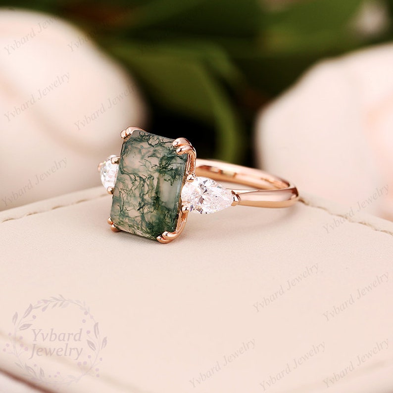 Emerald Cut Moss Agate Engagement Ring Moissanite Three Stone Etsy