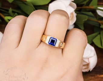 ブルーサファイア メンズリング 18K/14K/10K イエローゴールド