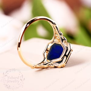 Vintage 8*11mm Emerald Cut Lab Created Blue Sapphire Ring for Women Solid Yellow Gold Engagement Ring Art Deco Bridal Ring Anniversary Gift image 6