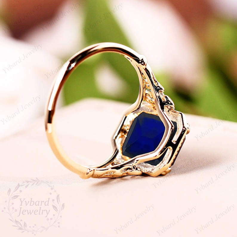 Vintage 8*11mm Emerald Cut Lab Created Blue Sapphire Ring for Women Solid Yellow Gold Engagement Ring Art Deco Bridal Ring Anniversary Gift image 6