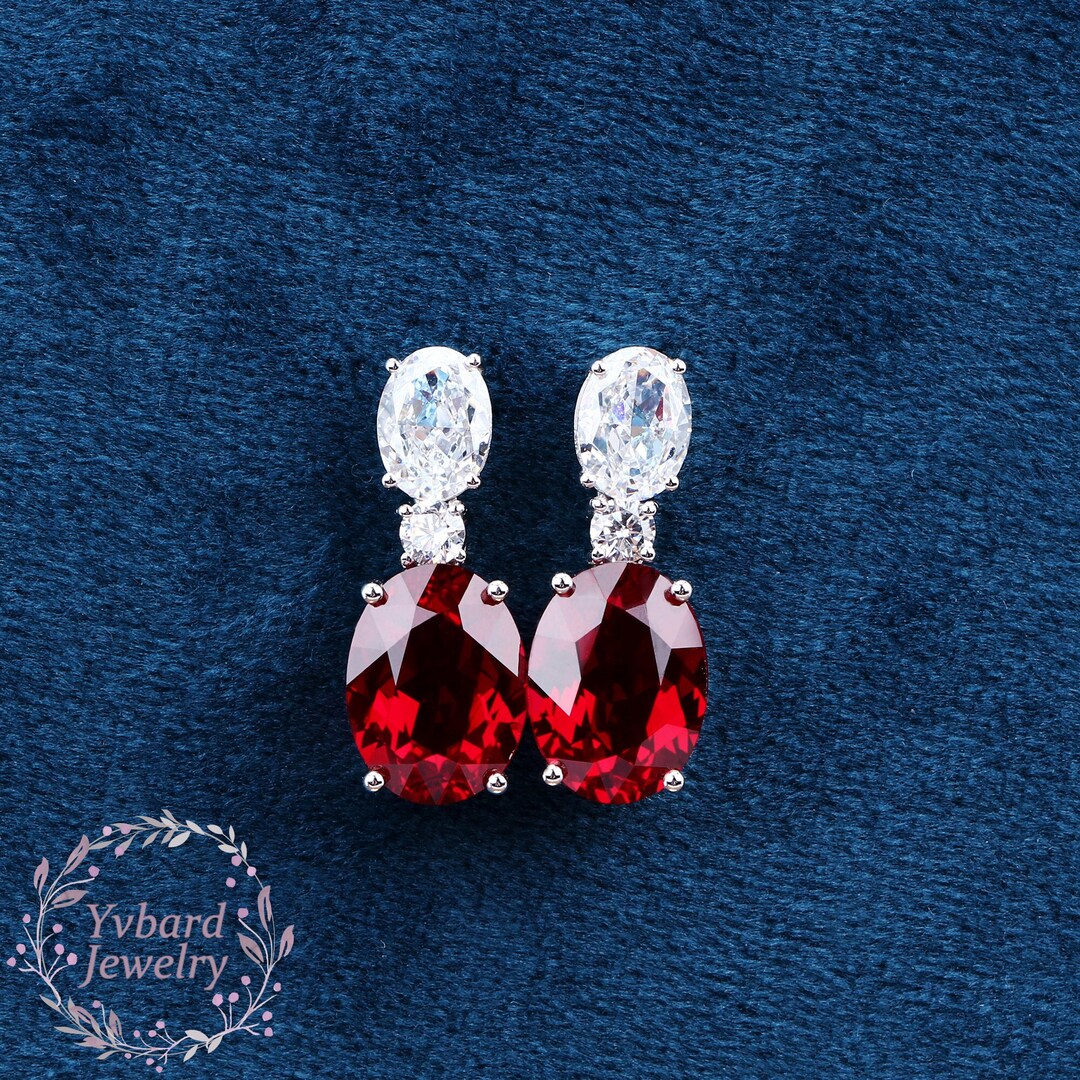 Oval and Ruby Bead Earrings