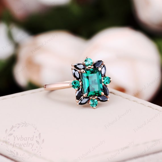 Emerald Ring Vintage Emerald Engagement Ring Solid Rose Gold Black Sapphire  Ring Unique Antique Wedding Promise Anniversary Ring For Her