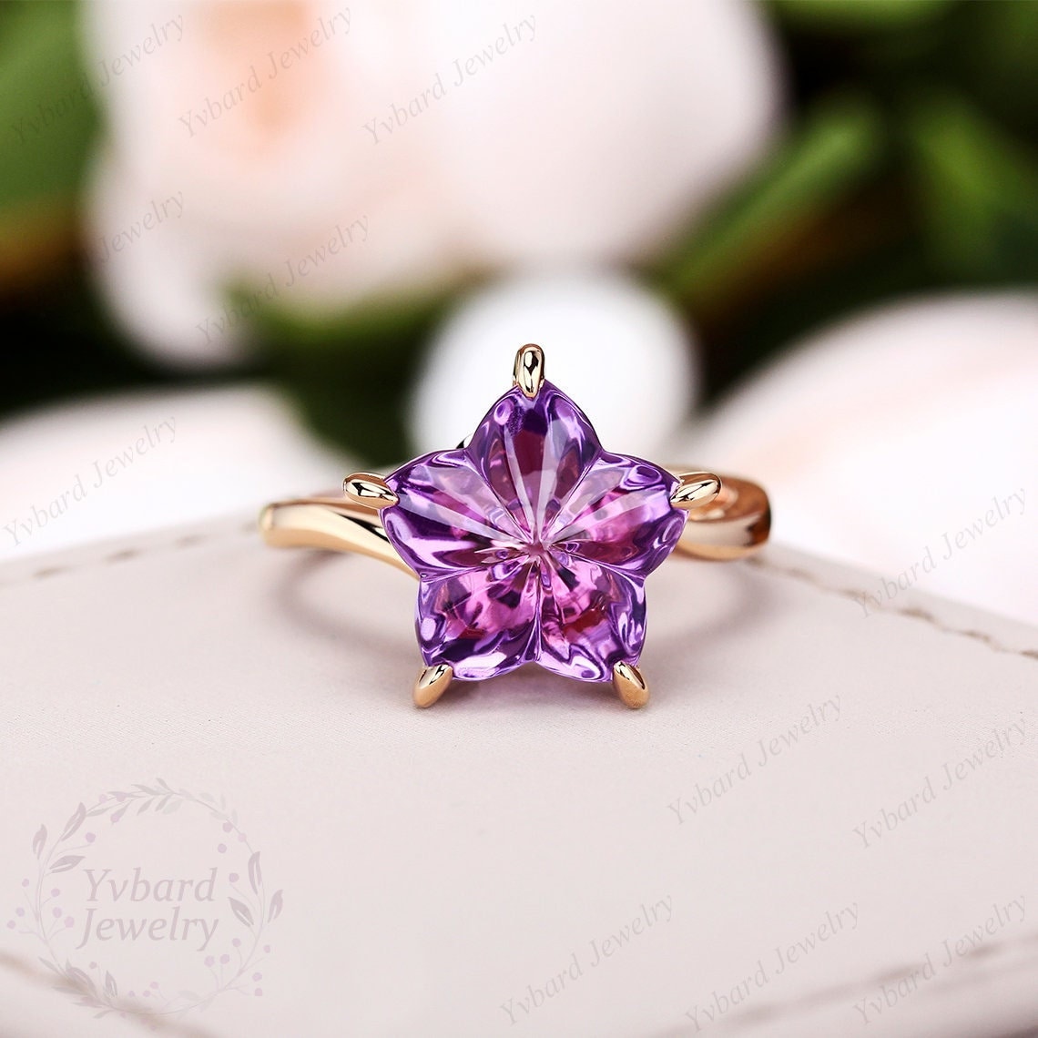アメジスト 花デザインリング 天然アメジストのエンゲージリング、フラワーシェイプのオルタナティブ