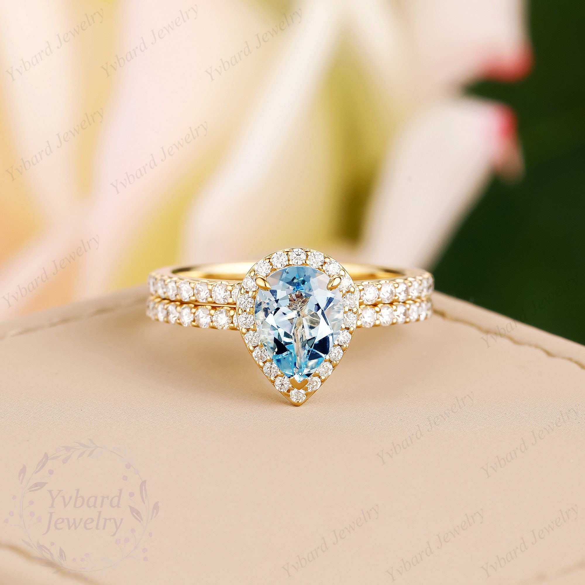 Natural Aquamarine Bridal Ring Set Solid 14K Yellow Gold Wedding