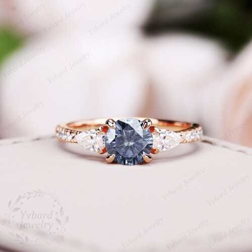 Anillo de compromiso de Moissanite gris azul vintage Sólido 14K Oro rosa Art Deco Anillo nupcial Tres anillos de promesa de boda de piedra Anillo de propuesta de mujer