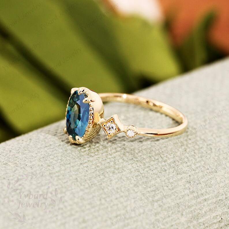 Blue Green Sapphire Engagement Ring Oval Cut 68mm Natural Teal Sapphire Engagement Ring Unique 14K/18K Solid Gold Diamond Wedding Ring Gift image 7