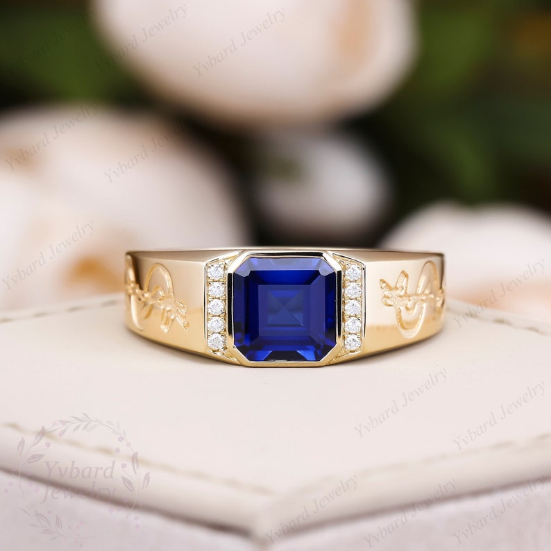 Blue Sapphire Men Ring 18K/14K/10K Yellow Gold Engagement Rings for Men ...