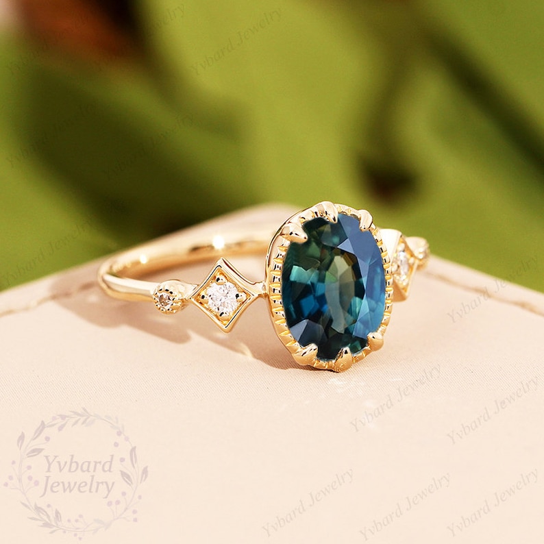 Blue Green Sapphire Engagement Ring Oval Cut 68mm Natural Teal Sapphire Engagement Ring Unique 14K/18K Solid Gold Diamond Wedding Ring Gift image 2