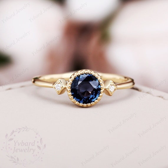 Bague Ancienne En Or 18K Avec Saphir Bleu Naturel - Fait Main, Vintage, Personnalisable