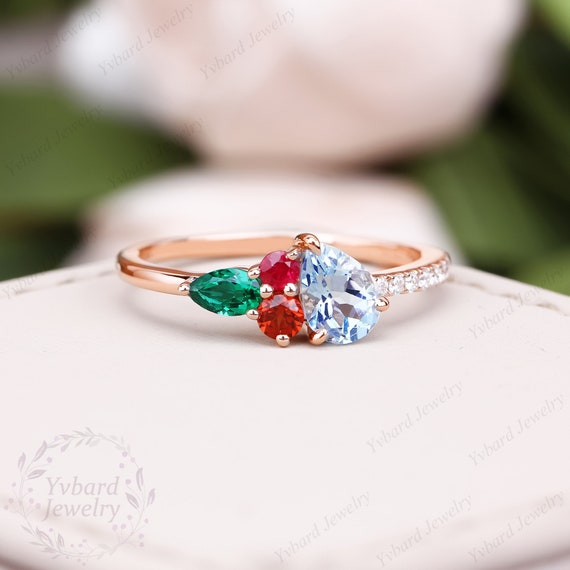 57mm Pear Cut Natural Aquamarine Ring Solid Rose Gold Engagement