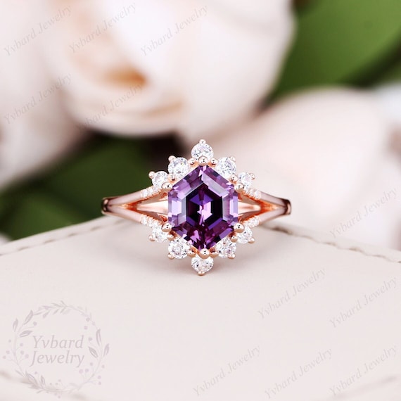 Hexagon Cut Natural Amethyst Ring Solid Rose Gold Purple Amethyst