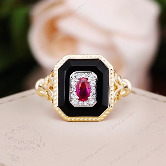 Vintage Natural Black Onyx Ring Ruby Engagement Ring Solid Two