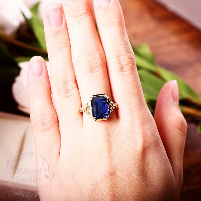 Vintage 8*11mm Emerald Cut Lab Created Blue Sapphire Ring for Women Solid Yellow Gold Engagement Ring Art Deco Bridal Ring Anniversary Gift image 10
