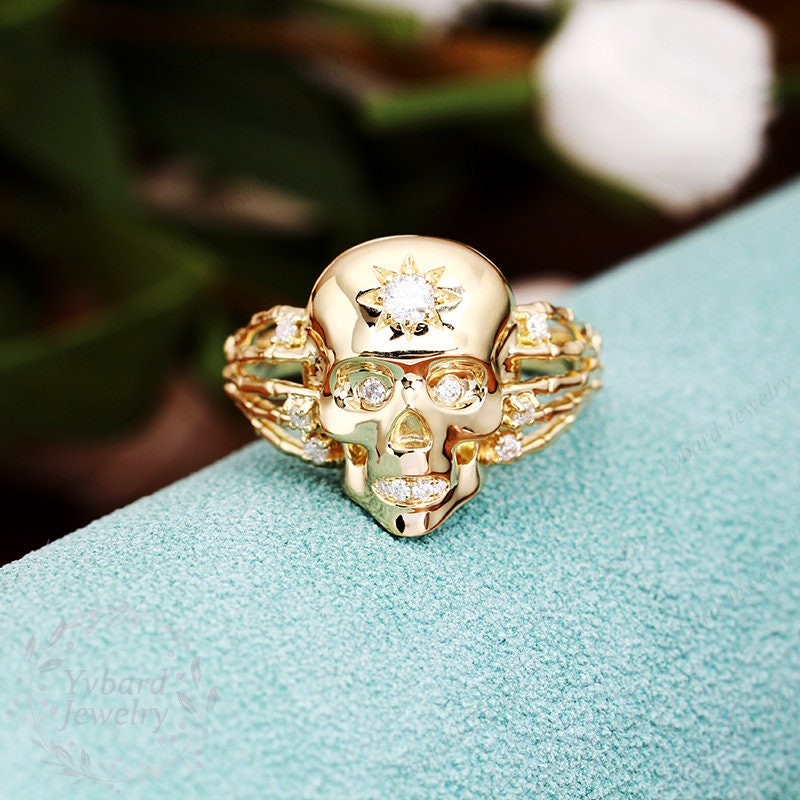 Unique Gold Ring, Skull Ring, Moissanite Ring, Statement Ring, 14K/10K ...