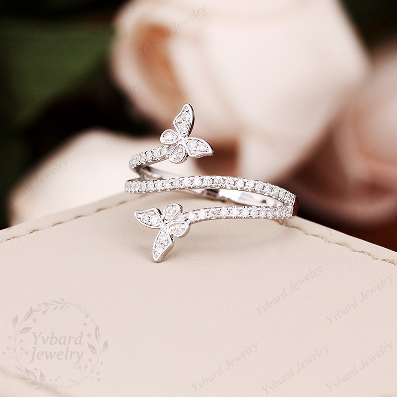 Dainty Butterfly Ring, Solid 14K White Gold Ring, Diamond
