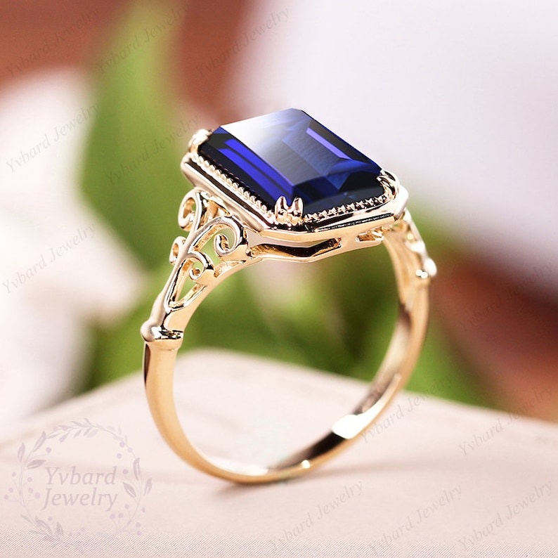 Vintage 8*11mm Emerald Cut Lab Created Blue Sapphire Ring for Women Solid Yellow Gold Engagement Ring Art Deco Bridal Ring Anniversary Gift image 7