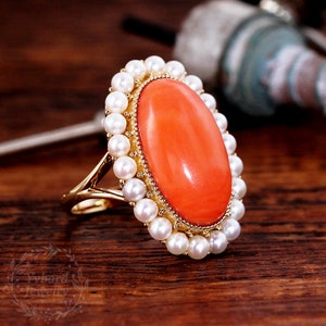 Oval Cabochon 12*20mm Lab Created Coral Ring, Natural Pearl Ring, 14k Gold Engagement Ring, Gold Ring Bridal Jewelry Gift, Cocktail Ring