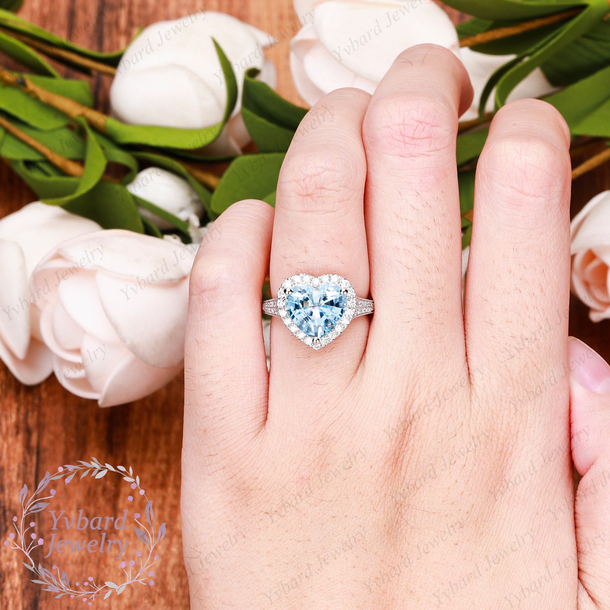 Heart Cut 4CT Natural Aquamarine Engagement Ring Solid 14K White 