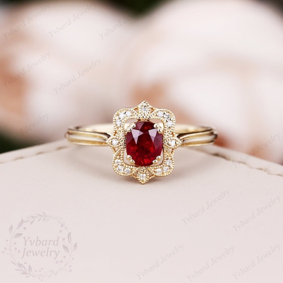 Buy Ruby Yellow Gold Ring Diamond Natural Ruby Engagement Bridal Ring July  Birthstone Anniversary Ring Milgrain Unique Rings Halo Promise Ring Online  in India - Etsy