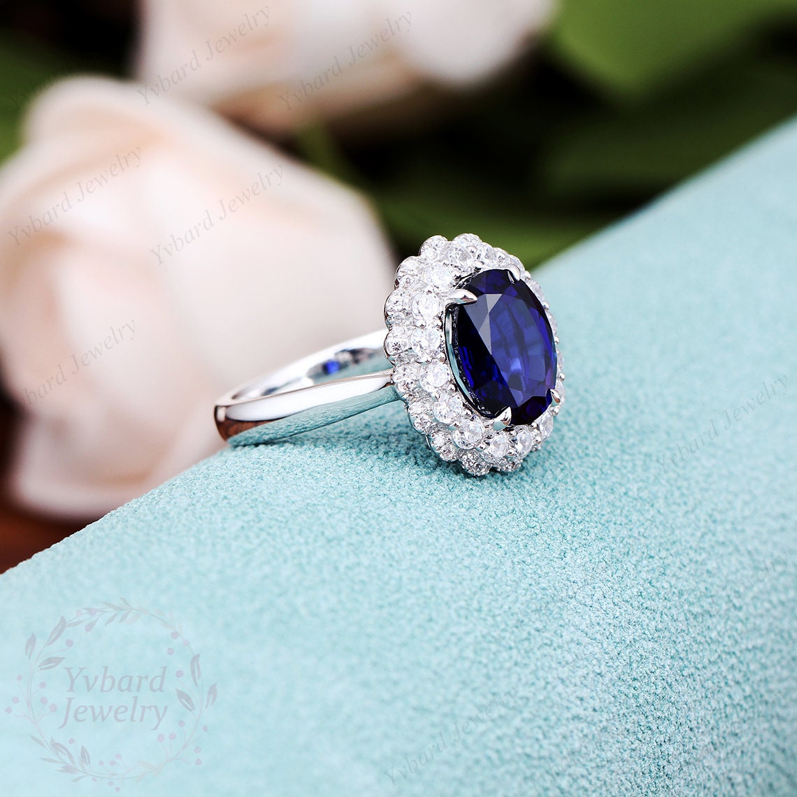 オーバルカット ラボで作られたブルーサファイアの婚約指輪