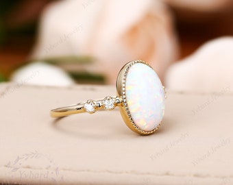 Oval Opal Engagement Ring Solid 10k/14k/ 18k Yellow Gold 8